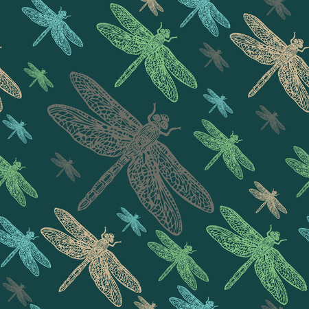 Dragonflies colourful seamless vector pattern. Realistic engraved style.のイラスト素材