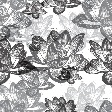 Black engraved water lily flowers on white backgroundのイラスト素材