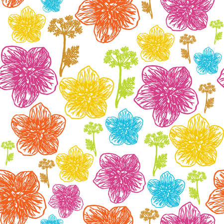 Colorful engraved flowers on  white background. Floral patternのイラスト素材