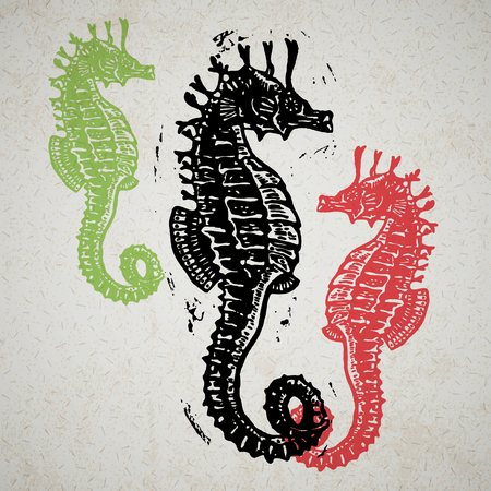 Vector Sea Horses in abstract composition. Linocut Sea Horses in different colours on old paperのイラスト素材