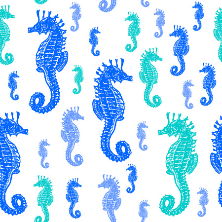 Sea Horses colourful seamless vector pattern. Realistic engraved style of Sea Horses on white background.のイラスト素材