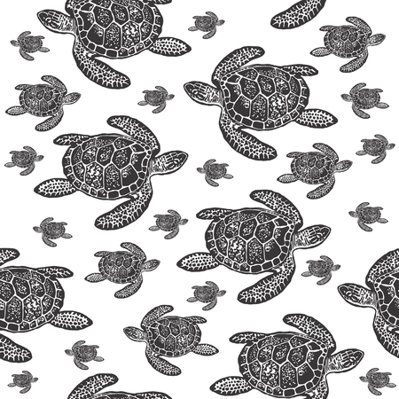 Sea Turtles black and white seamless vector pattern. Realistic engraved style of Sea Turtles on white background.のイラスト素材