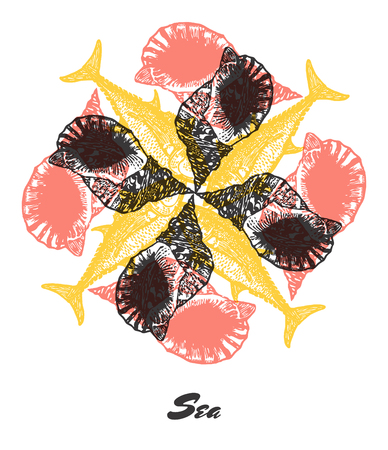 Vector Sea mood Engraved fractal outlet composition. Bright colored composition with tuna fish and shellのイラスト素材