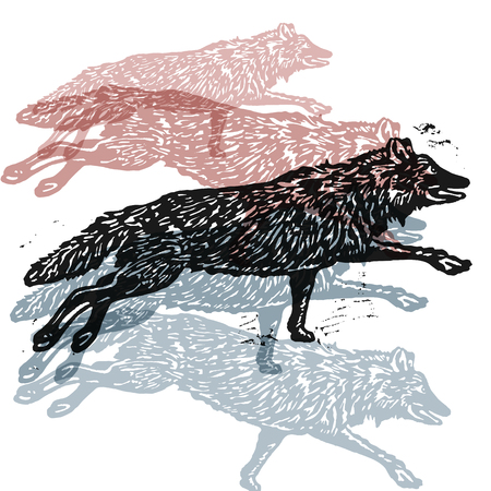 Vector wolves in abstract composition. Linocut wolves in different colors on white backgroundのイラスト素材