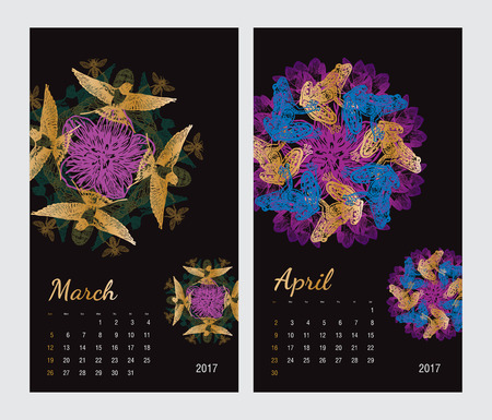 Animal printable calendar 2017 with flora and fauna fractals on black background. Set 2 - March and April pagesのイラスト素材