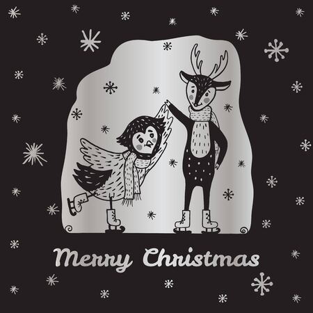 Christmas card with hand drawn animals skate. Vector hand drawn illustration of reindeer and owl characters on black background.のイラスト素材