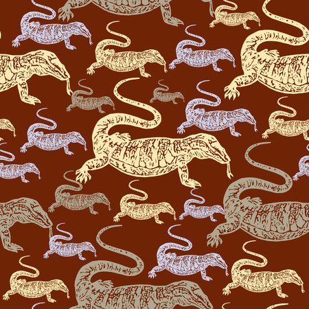 Desert Varan colourful seamless vector pattern on brown background. Realistic engraved style.のイラスト素材