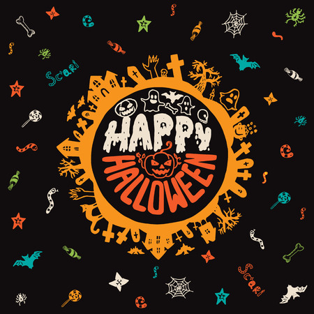 Halloween card with hand drawn lettering, cemetery landscape and scary elements on black background. Vector hand drawn illustration.のイラスト素材