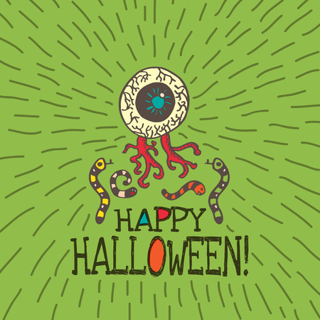 Halloween card with hand drawn zombie eye with worms on green background. Vector hand drawn illustration.のイラスト素材