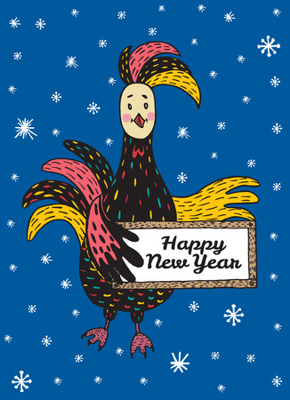 2017 Happy New Year greeting card with hand drawn Rooster holding a plate. Vector hand drawn illustration of Rooster on dark blue background.のイラスト素材