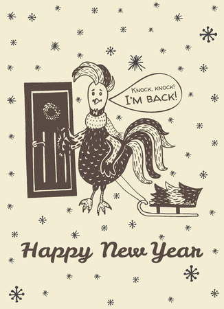 2017 Happy New Year greeting card with hand drawn Rooster knocking at the door 'I'm back'. Vector hand drawn illustration of Rooster on beige background.のイラスト素材