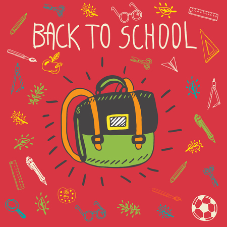 Back to school hand drawn doodle card with schoolbag and other school facilities. The schoolbag on red backgroundのイラスト素材