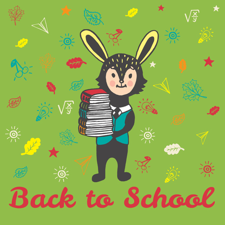 Back to school hand drawn doodle card with Bunny student. The Bunny student holding a stack of books on green backgroundのイラスト素材