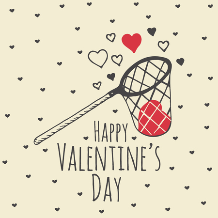 Valentines Day card with illustrated scoop-net and hearts. Vector illustrated scoop-net with heart on beige background.のイラスト素材