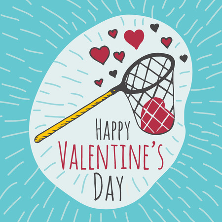 Valentines Day card with illustrated scoop-net and hearts. Vector illustrated colorful scoop-net with heart on blue background.のイラスト素材