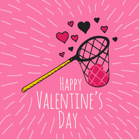 Valentines Day card with illustrated scoop-net and hearts. Vector illustrated colorful scoop-net with heart on pink background.のイラスト素材