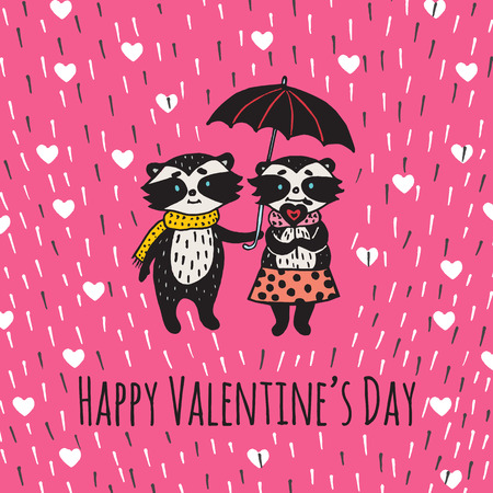 Valentines Day card with illustrated raccoon couple under umbrella. Vector illustrated colorful raccoon couple with umbrella on pink background.のイラスト素材
