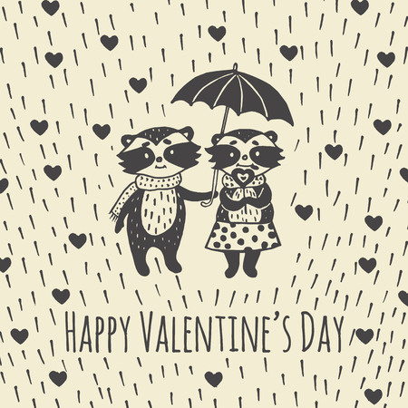 Valentines Day card with illustrated raccoon couple under umbrella. Vector illustrated colorful raccoon couple with umbrella on beige background.のイラスト素材