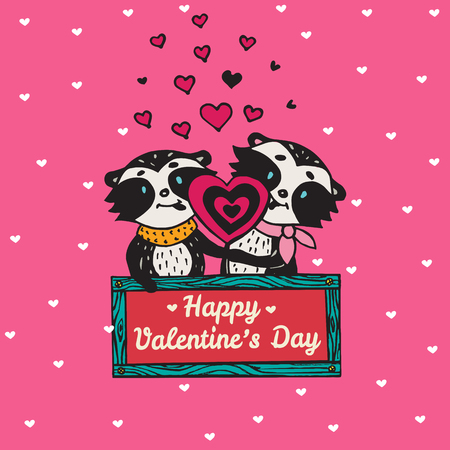 Valentines Day card with illustrated raccoon couple licking heart lollipop. Vector illustrated colorful raccoon couple on pink background.のイラスト素材