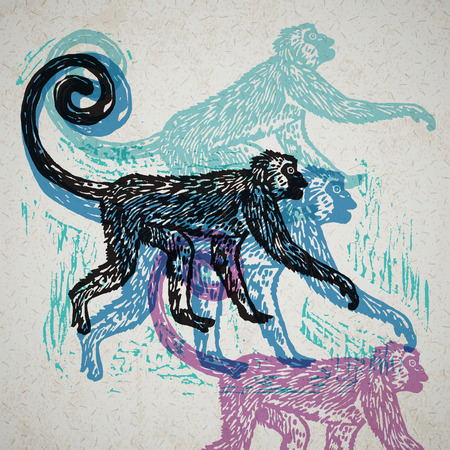 Linocut tropical Jungle Monkey on background. Vector Illustrated Jungle Monkey.