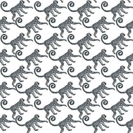 Linocut tropical Jungle Monkey background. Vector Illustrated Jungle Monkeys seamless pattern.のイラスト素材