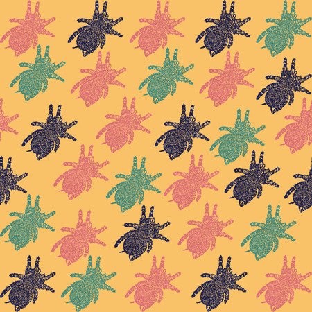 Linocut Tarantula background. Vector Illustrated Tarantula spiders seamless pattern.のイラスト素材
