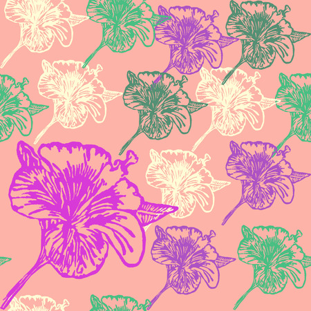 Linocut Hibiscus Flower on background. Vector Illustrated Hibiscus Flower seamless pattern.のイラスト素材