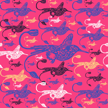 Linocut Hummingbird background. Vector Illustrated tropical Hummingbird seamless pattern.