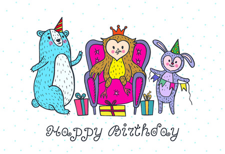 Happy birthday card. Vector illustrated poster with owl, bear and rabbit characters.のイラスト素材