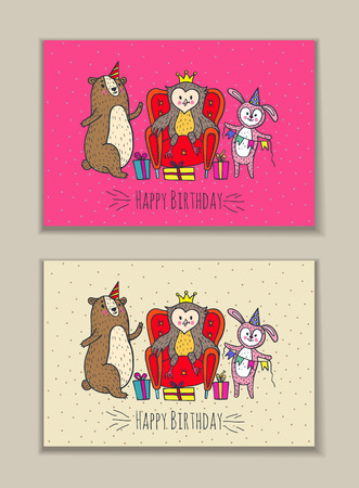 Happy birthday card set. Vector illustrated poster with owl, bear and rabbit characters.のイラスト素材