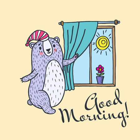 Have a good day greeting card. Vector illustration card with teddy bear and windowのイラスト素材