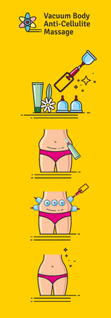 Vector Illustrated set with salon vacuum body anti-cellulite massage. Infographics with icons of procedures for body.の写真素材