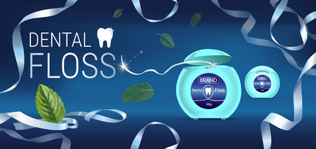Dental floss ads. Vector 3d Illustration with tooth floss. Horizontal banner with product.のイラスト素材
