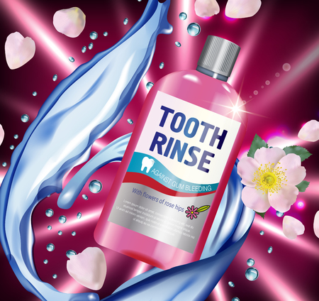 Mouth rinse ads. Vector 3d Illustration with Mouth rinse in bottle and rosehip flower. Poster with product on red background.のイラスト素材