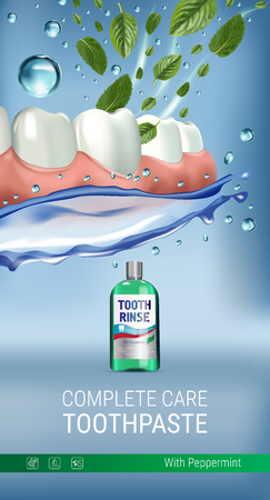 Mouth rinse ads. Vector 3d Illustration with Mouth rinse in bottle and mints leaves. Vertical banner with product on blue background.のイラスト素材