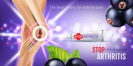 Arthritis Pain Relief Ointment ads. Vector 3d Illustration with Tube cream with blackcurrant extract. Horizontal banner with product's package.のイラスト素材