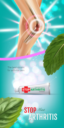 Arthritis Pain Relief Ointment ads. Vector 3d Illustration with Tube cream with peppermint extract. Vertical banner with product's package.のイラスト素材