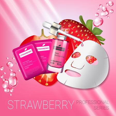 Strawberry skin care mask ads. Vector Illustration with strawberry smoothing mask and serum. Poster.のイラスト素材
