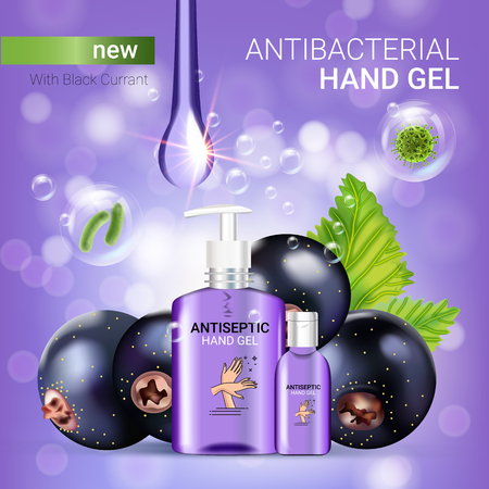 Black currant flavor antibacterial hand gel ads. Vector Illustration with antiseptic hand gel in bottles and blackcurrant elements. Poster.のイラスト素材