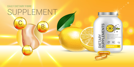 Lemon balm dietary supplement ads. Vector Illustration with Lemon supplement contained in bottle and lemon elements. Horizontal banner.のイラスト素材