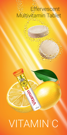 Effervescent Multivitamin tablets ads. Vector Illustration with Vitamin C container and lemon. Vertical banner.のイラスト素材