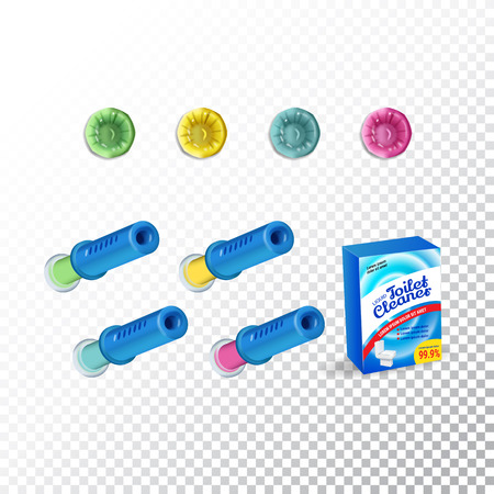 Set of Template Toilet Cleaning Gel. Plastic multicolor dispensers, box and gel discs. Vector Illustration isolated objectsのイラスト素材
