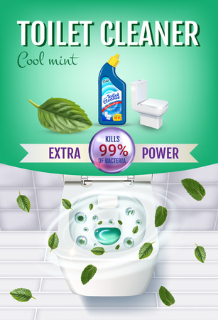 Cool mint fragrance toilet cleaner gel ads. Vector realistic Illustration with top view of toilet bowl and disinfectant container.のイラスト素材