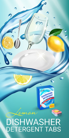 Lemon fragrance dishwasher detergent tabs ads. Vector realistic Illustration with dishes in water splash and citrus fruits. Vertical bannerのイラスト素材