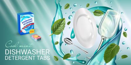 Vector realistic Illustration with dishes in water splash and mint leafs. Horizontal bannerのイラスト素材