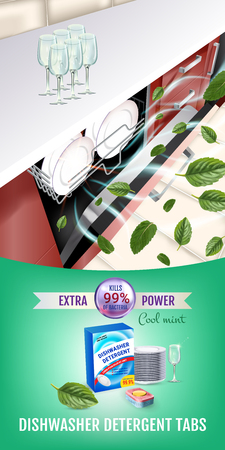 Vector realistic Illustration with dishwasher in kitchen counter and detergent package. Vertical bannerのイラスト素材