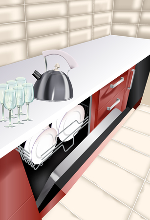 Vector realistic illustration of kitchen room. Open dishwasher in kitchen counter.のイラスト素材