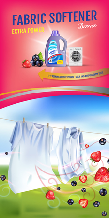 Berries fragrance fabric softener gel ads. Vector realistic Illustration with laundry clothes and softener rinse container. Vertical bannerのイラスト素材