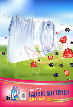 Berries fragrance fabric softener gel ads. Vector realistic Illustration with laundry clothes and softener rinse container. Vertical posterのイラスト素材