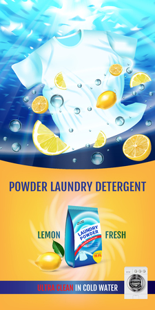 A realistic illustration with t-shirt is washed in water and product package.のイラスト素材